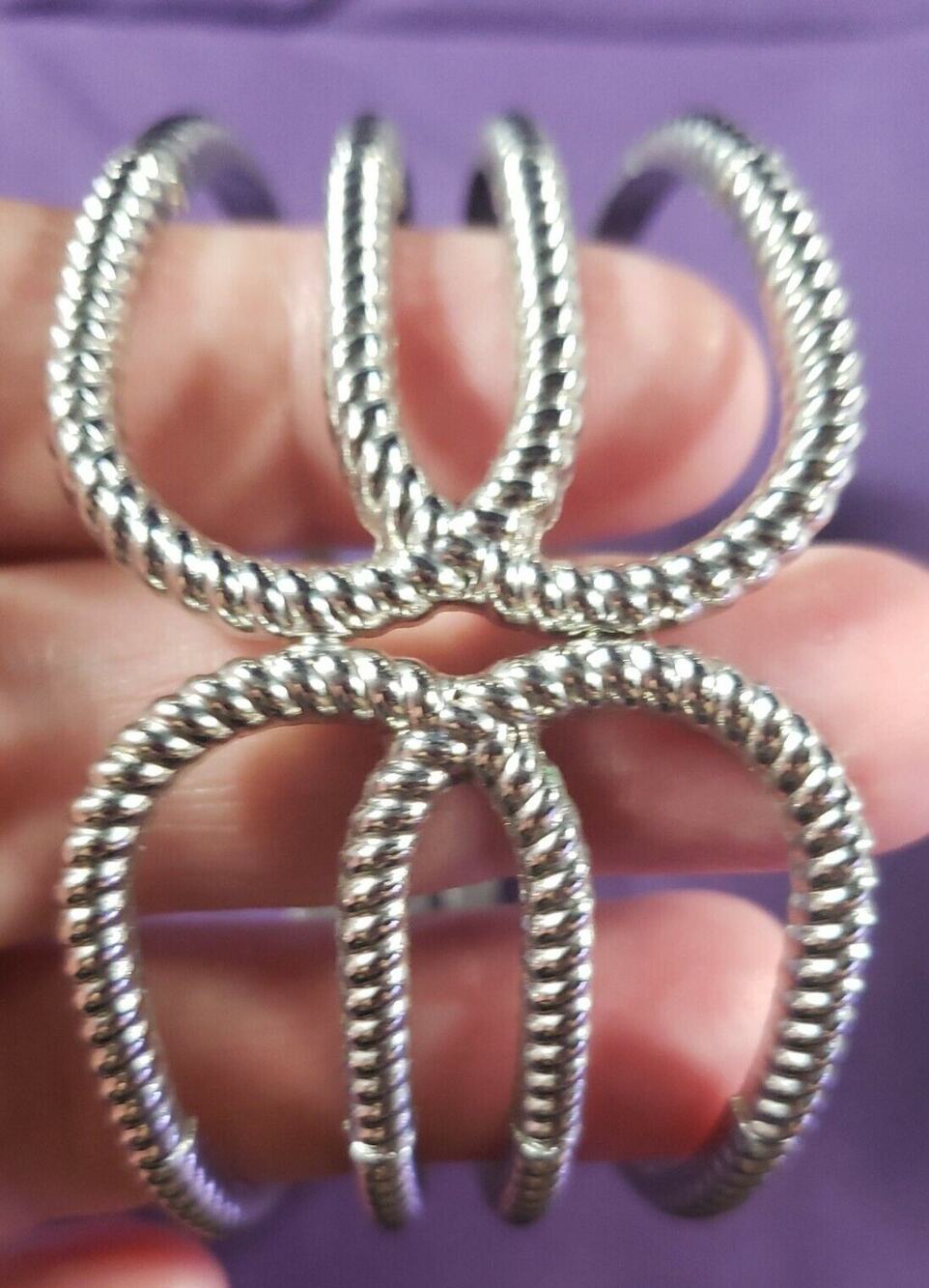 Silver Tone Metal Hinged Clamper Bracelet Wide Open Textured Design